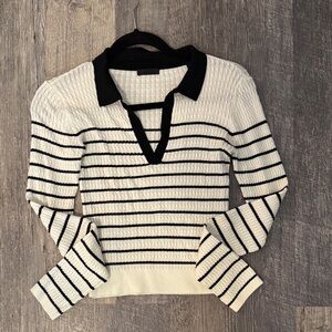ATM Striped Knit Cropped Sweater with Black Collar XS